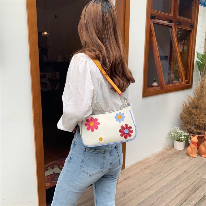 Summer Ladies Retro Flower Underarm Handbag Baguette Underarm Bag Ladycanvas Shoulder Bag Cute Contrast Color Purse Handbag