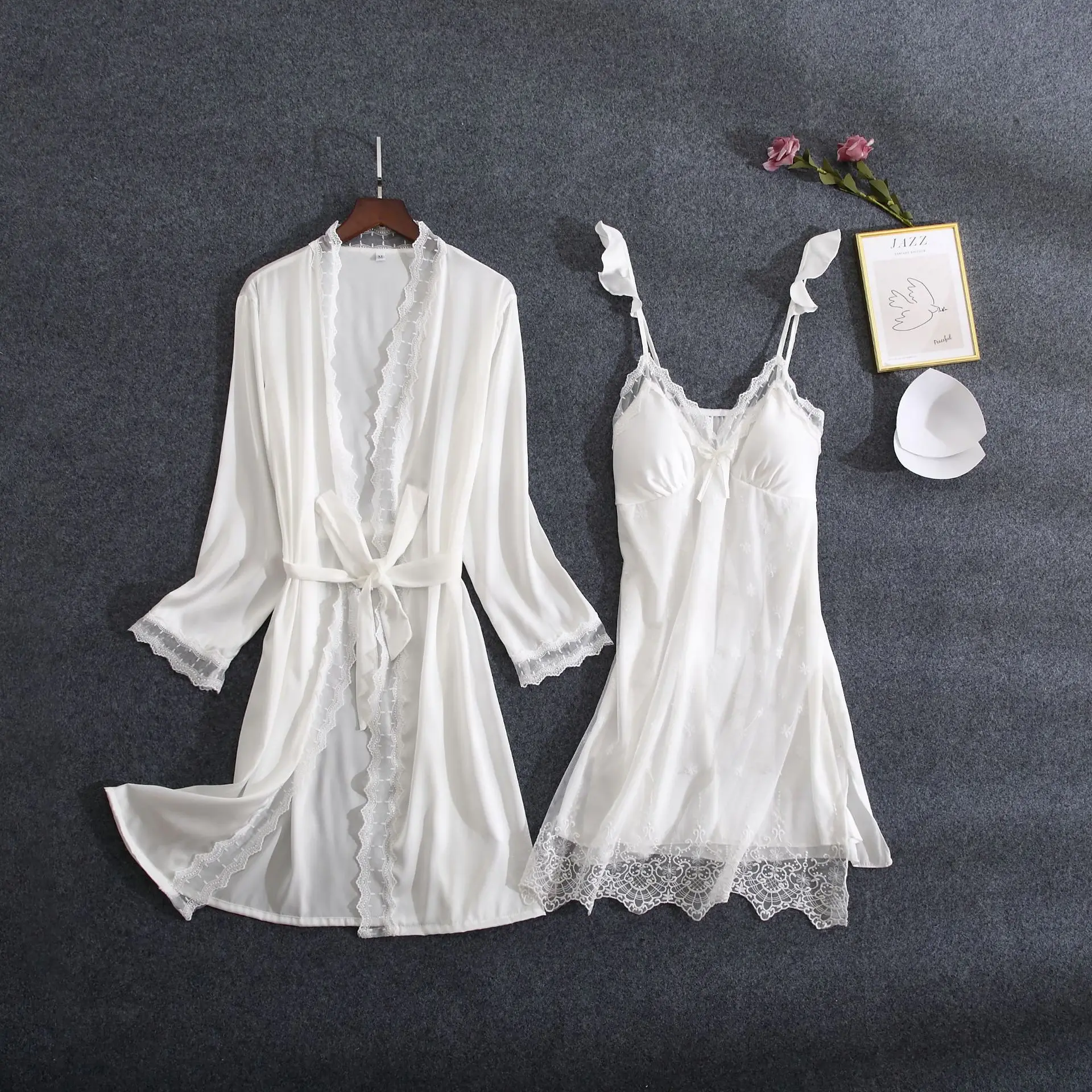 Weiße Spitze Braut Brautjungfer Hochzeit Kleid einstellen Frauen Sommer Nachtwäsche Kimono Bademantel Kleid verlieren lässig Schlaf anzug sexy Heimat Kleid: M / Beige