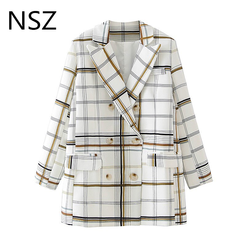 Nsz kvinder oversize hvid plaid dobbeltradet blazer kontorarbejde forretning formel ternet jakke jakkesæt frakke efterår outwear: S