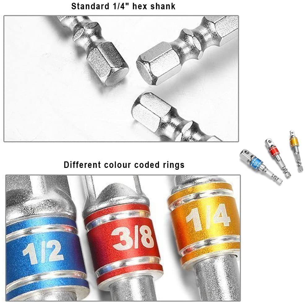 3 Pcs Drill Socket Adapter Impact Drill Extension Drill Bits Bar Socket Adapter 1/4 3/8 1/2 Size Hex Shank Square Head Drill Bit