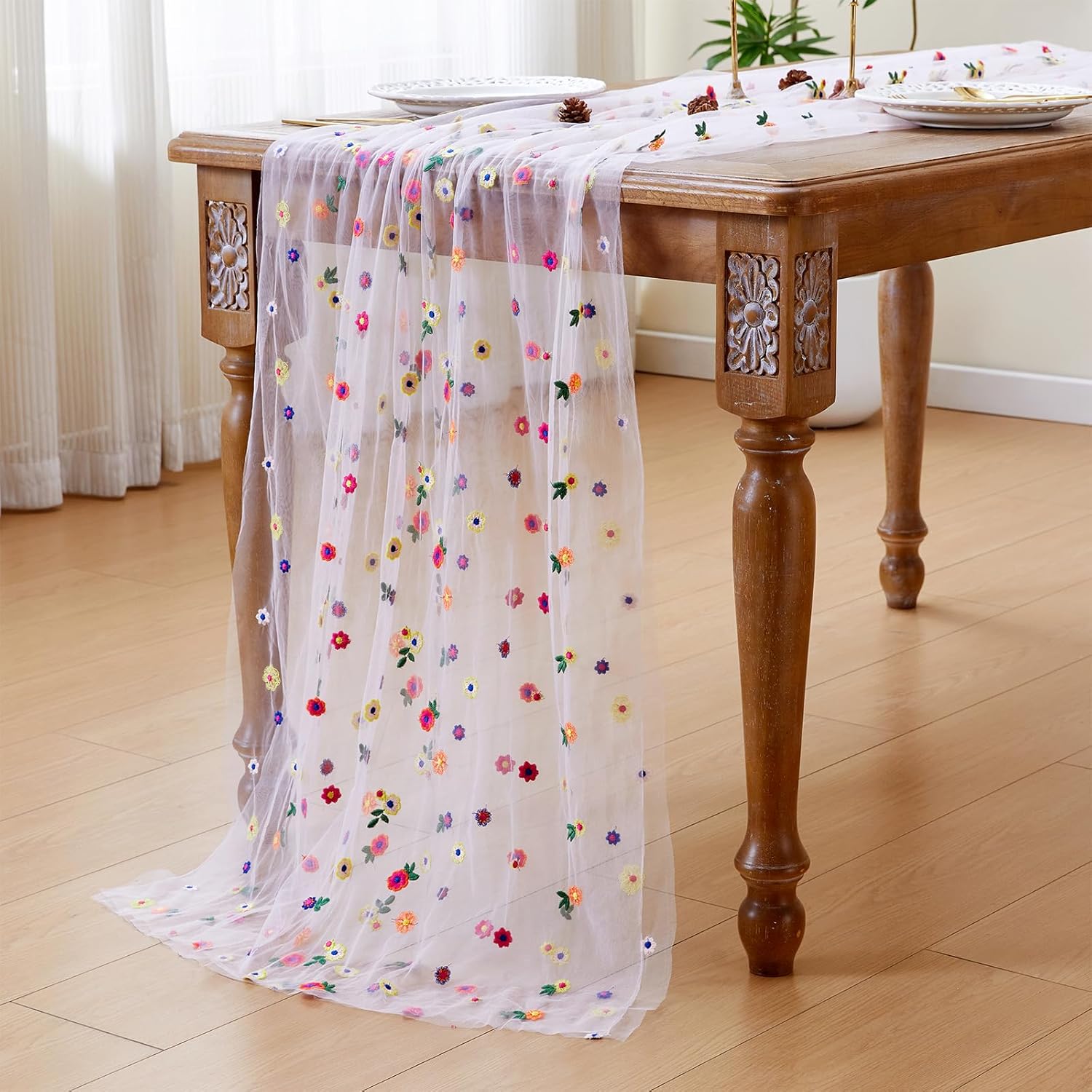 Bieżnik na stół w kwiaty, haftowana stokrotka, sezonowa dekoracja stołu, tiulowa tkanina robić dekoracji domu, niemowlę prysznic, imprez, rękodzieła DIY