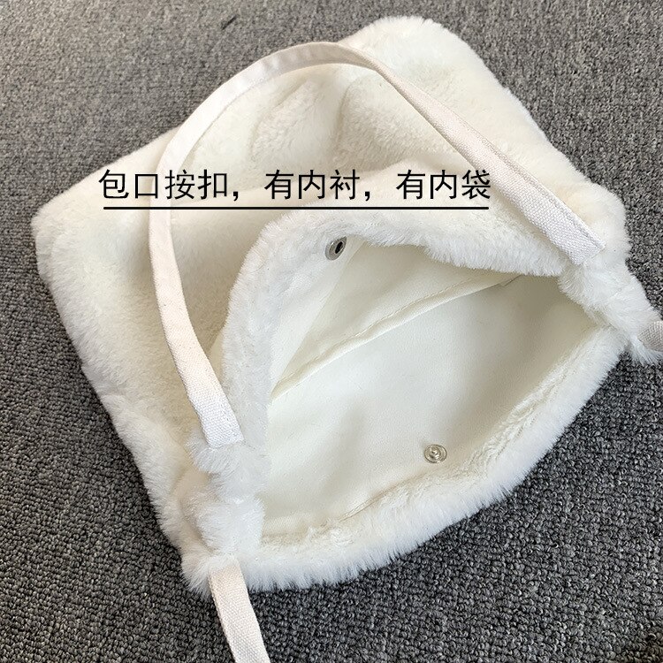 Macio de pelúcia feminina bolsa bolsas inverno moda meninas estudante bonito bolsa de ombro cor sólida senhoras peludo sacola de compras ocasional