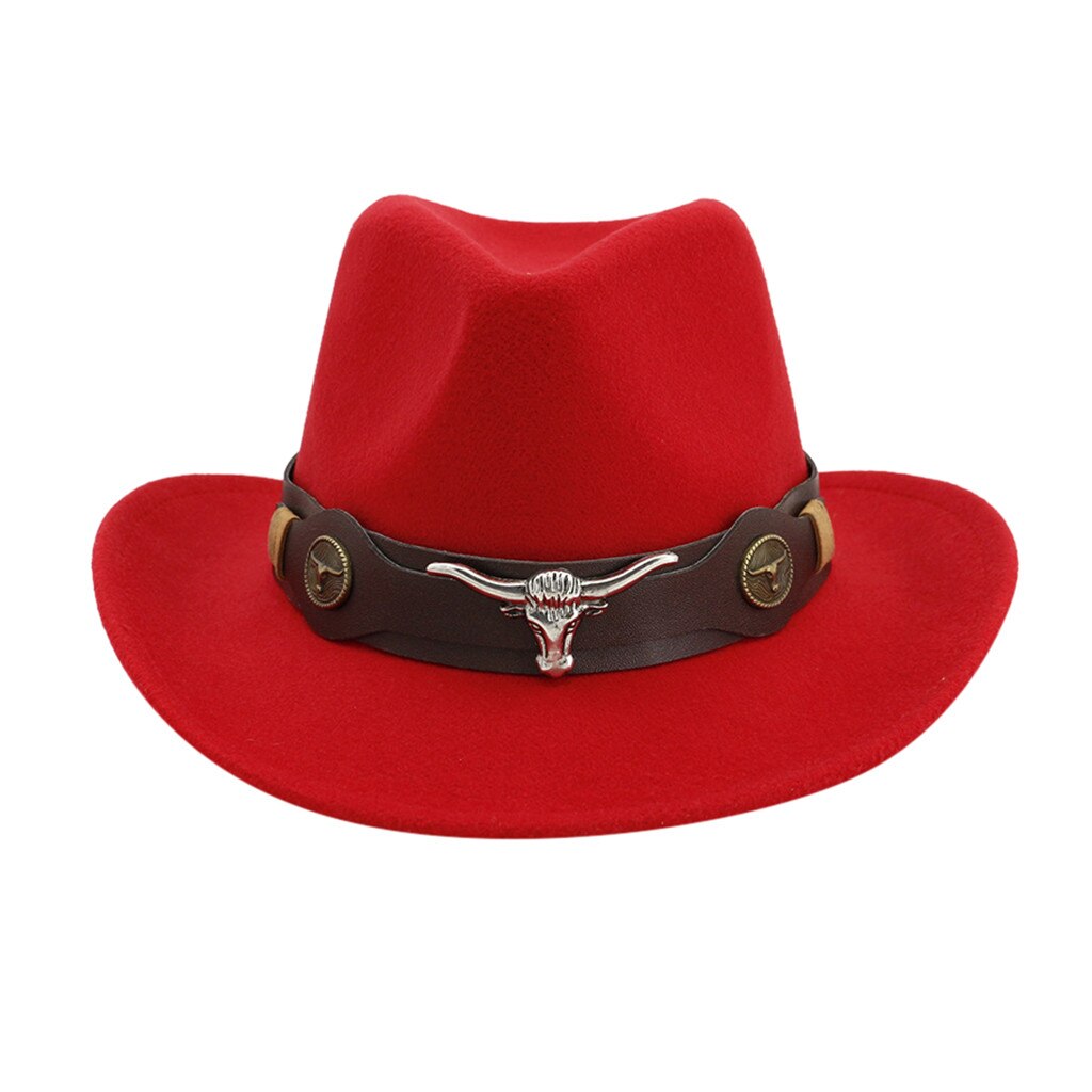 Mode Mannen Vrouwen Western Cowboy Hoed Met Koe Hoofd Band Brede Rand Hoed Pop Jazz Hoed Winter Wol Cap Maat 56-58Cm # T1P: Red