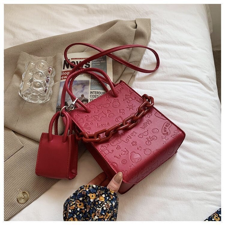 PU Leather Women Shoulder Bags 2Pcs Sets Ladies Handbags Teenage Girls Crossbody Bags Cartoon Print Purses for Women Bag: Red