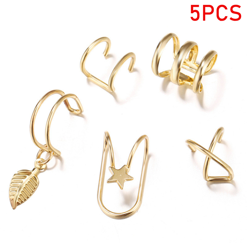 12pcs/set Punk Rock Ear Clip Cuff Wrap Earrings No piercing-Clip On Cartilage Wrap Earring: 5pcs gold