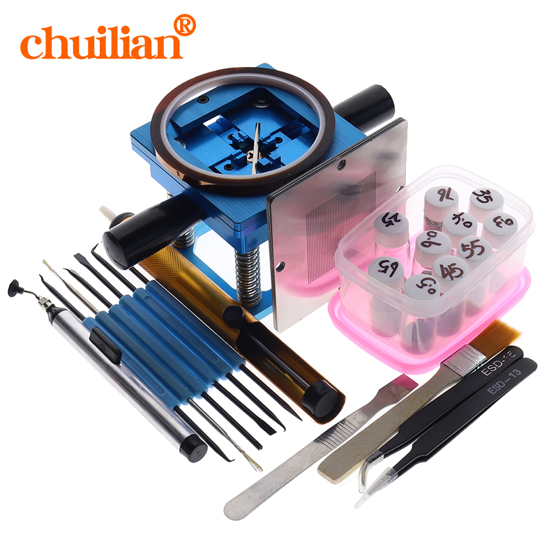 Blå bga reballing kit 90*90mm bga reballing station med handskaft 10/ st bga universal stencil