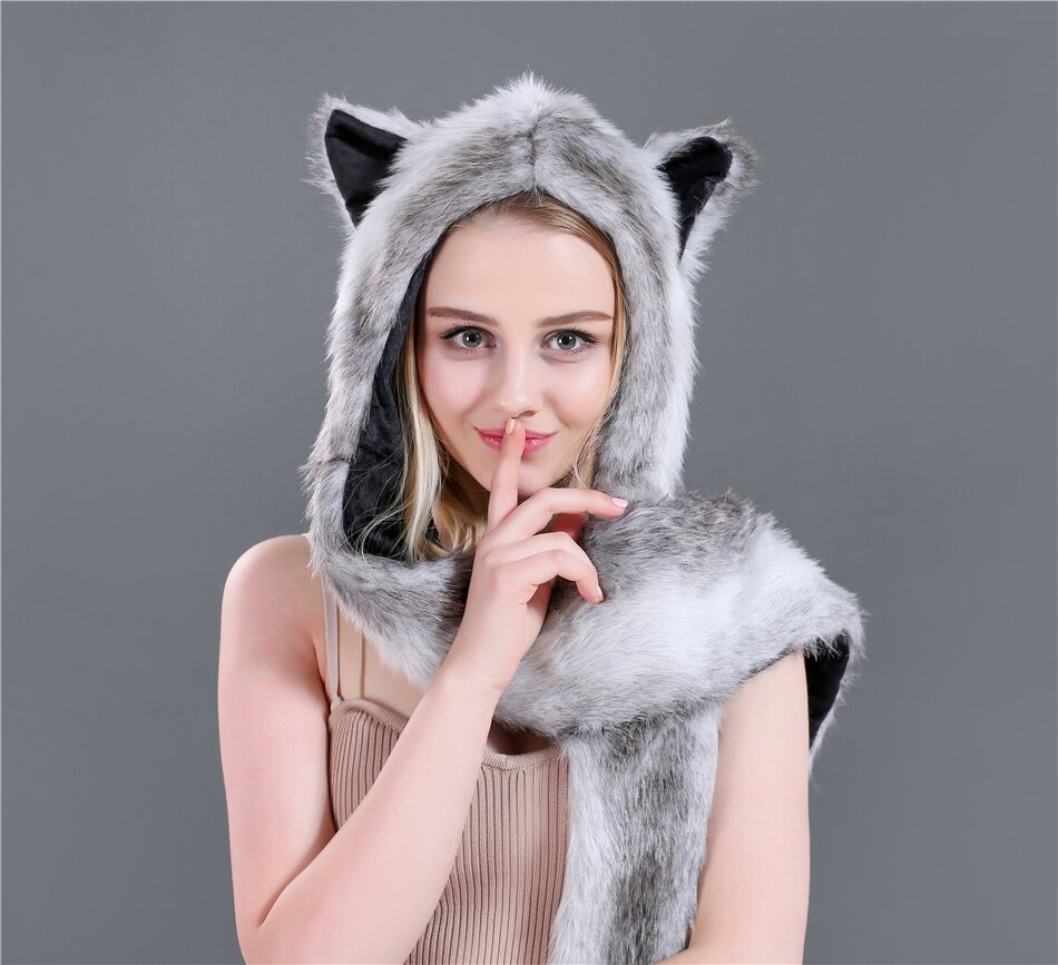 Imitation Fur Hat Cartoon Animal Hat Scarf Gloves One Piece Women Winter Set