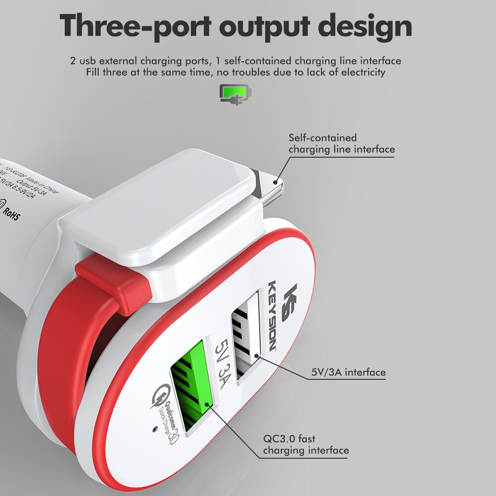 KEYSION 2 Hafen 33W schnell aufladen 3,0 Auto Ladegerät QC 3,0 + 5V/3A USB Schnelle Ladegerät praktisch Reise Adapter Auto-ladung Mit Kabel