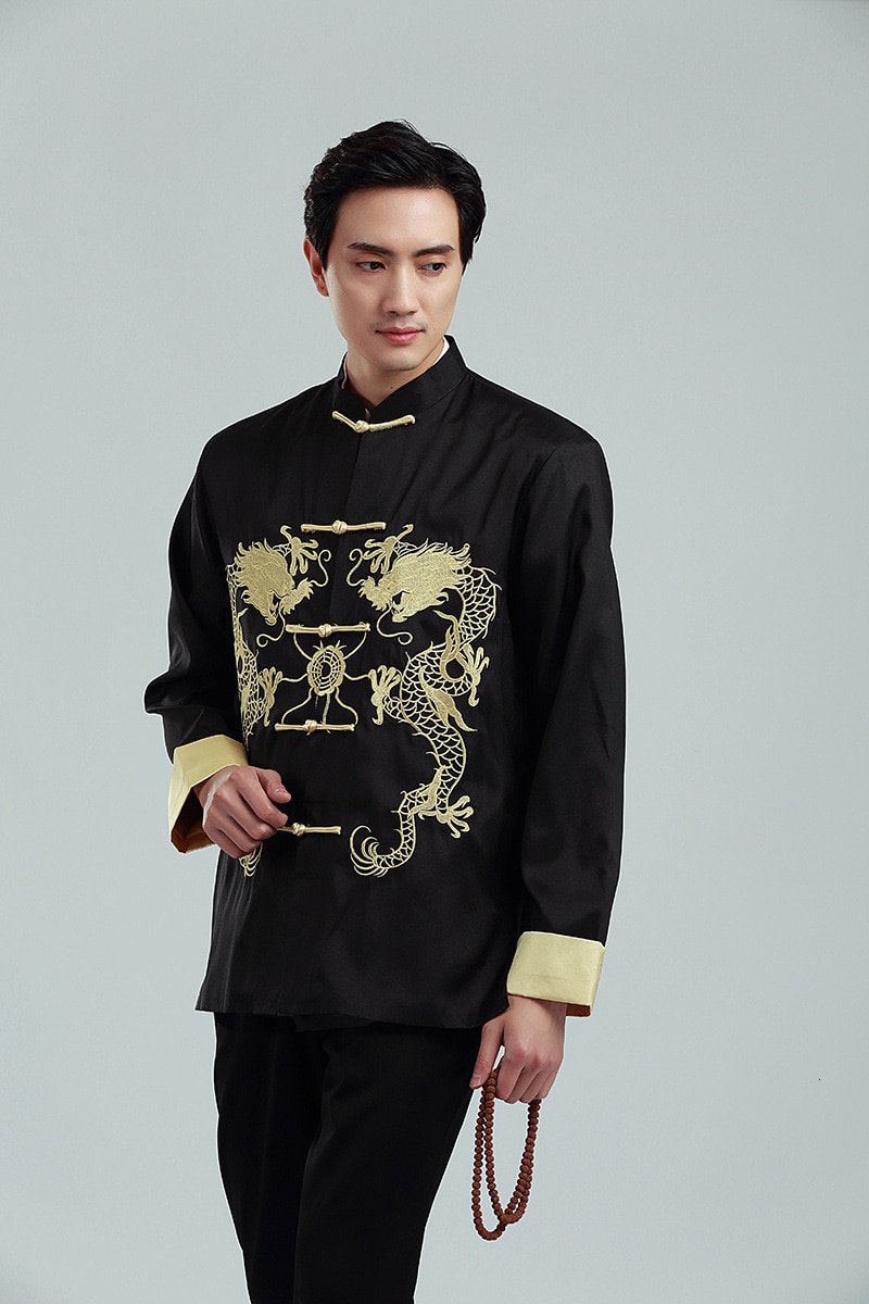 Traditionelle Chinesische Kleidung Für Herren Lange Hülse Seetang-anzug Stickerei Drachen Jacke Spitzen Neue Jahr Shirt oben Kung Fu Kleidung: L