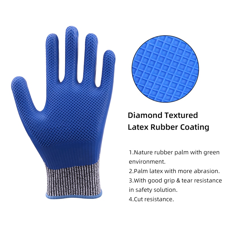 3 Pairs Anti-cut Level 5 GMG HPPE Cut-Resistant Blue Latex with Diamond Textured Good Grip protective gloves Tear Resistance