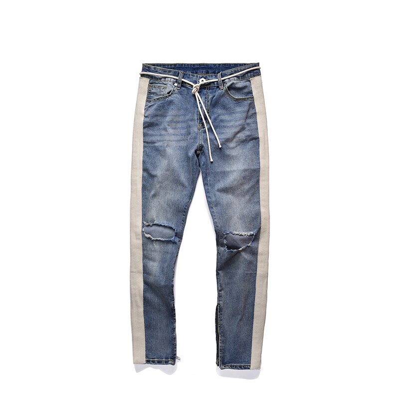 Heyguy pantalons hommes jean slim hommes streetwear déchiré jean pour homme ajusté bas fermeture éclair hip hop jean homme denim: Bleu / L