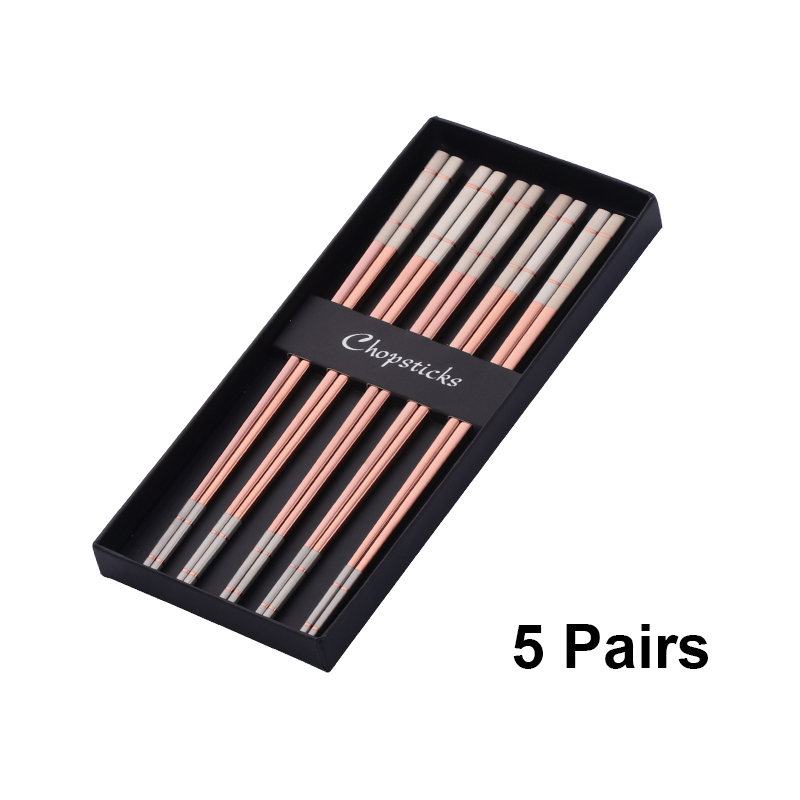 Baguettes chinoises de luxe en acier inoxydable, 5 paires, baguettes à Sushi réutilisables en titane doré avec boîte, bâtons alimentaires en métal: Rouge