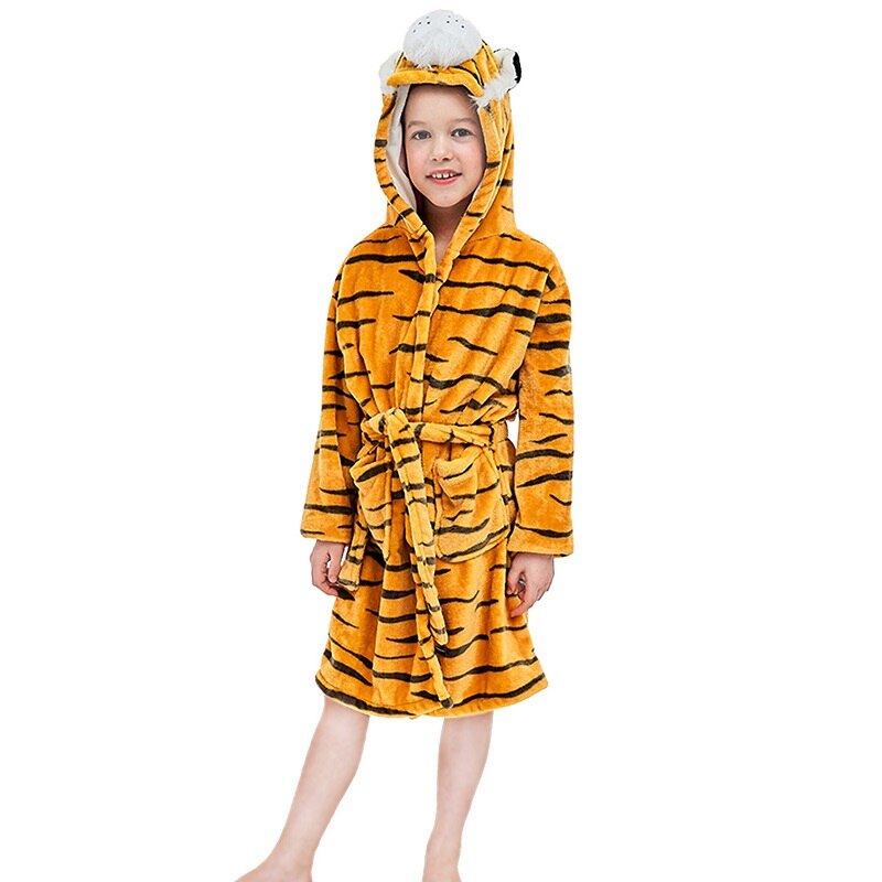 Barn mjuk badrock flanell huvtröja sovkläder tiger rådjur ko räv kanin elefant djur tecknad morgonrock pyjamas för pojkar flickor: Tiger / 6
