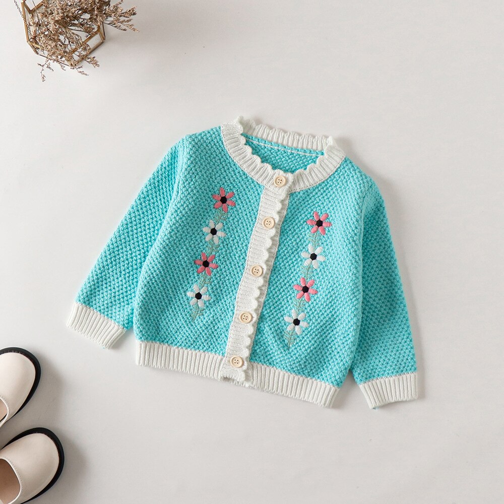 2022 Lente Baby Baby Meisjes Knit Borduren Bloem Jas + Bretels Rompertjes Baby Kleding Sets Peuter Meisje Pak Kleding 0-3Years: coat / 12m