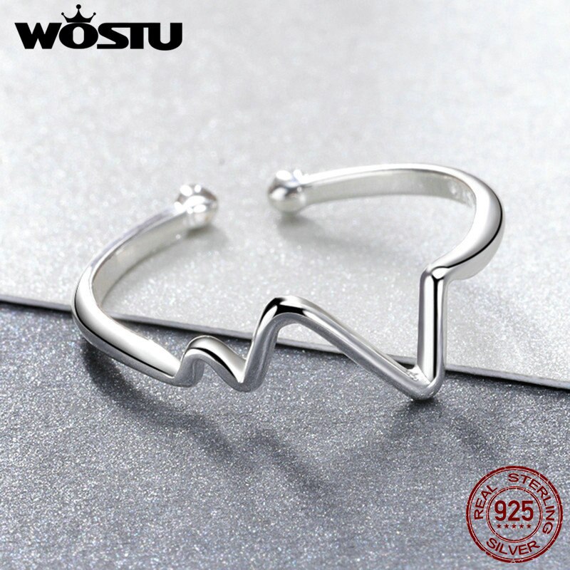 WOSTU Authentieke 925 Sterling Zilver Golf Open Ringen Voor Vrouwen Hart Beat Verstelbare Ring Fijne Sieraden Party CSR159