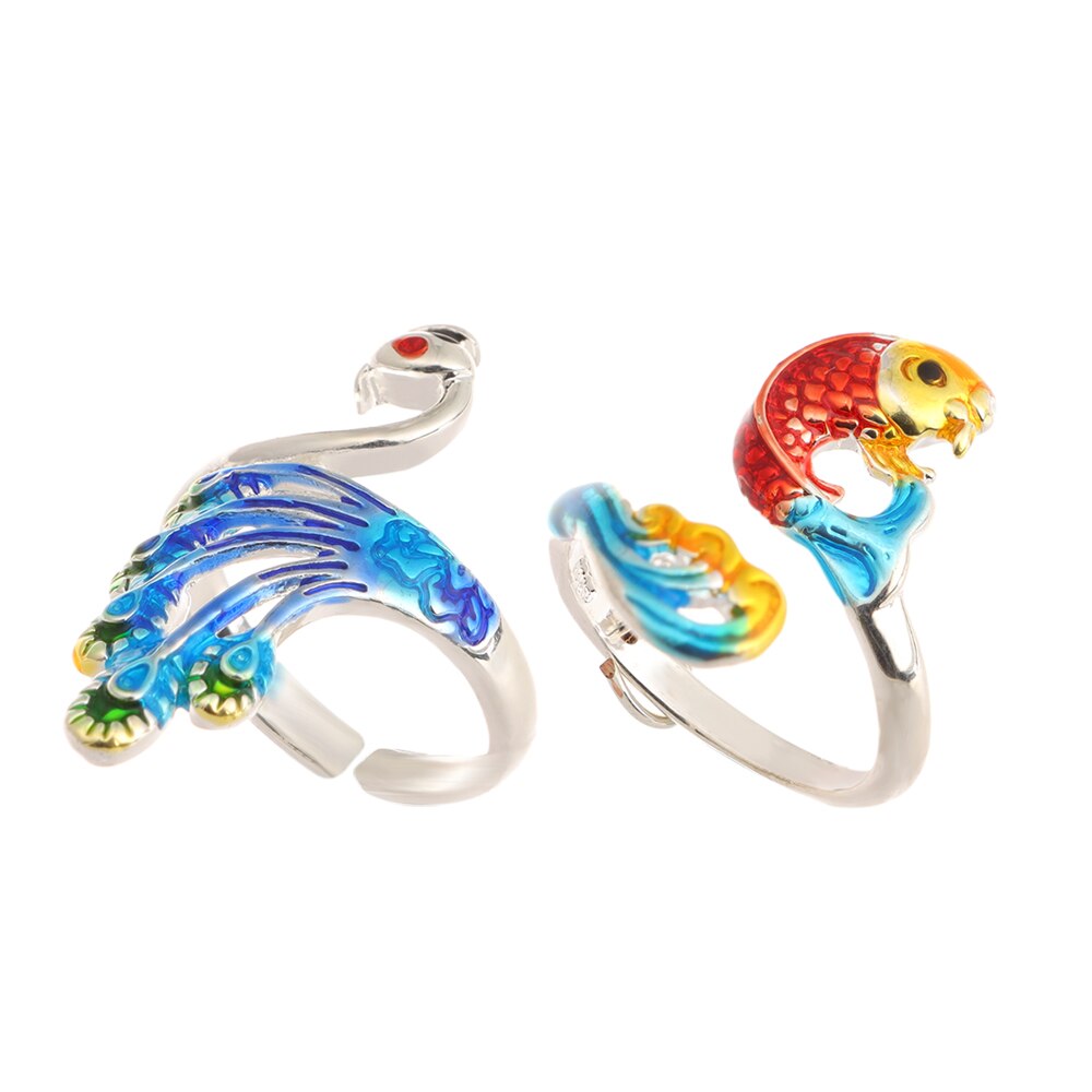 Painted Koi Peacock Crochet Loop Adjustable Open Ring Thimble Yarn Guides Sewing Hook Finger Wear Knitting Tools Accessories