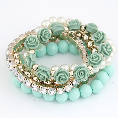Lemoer bohemio a la de Color caramelo Perla Rosa flor multicapa abalorios pulsera elástica y brazalete para mujer: green