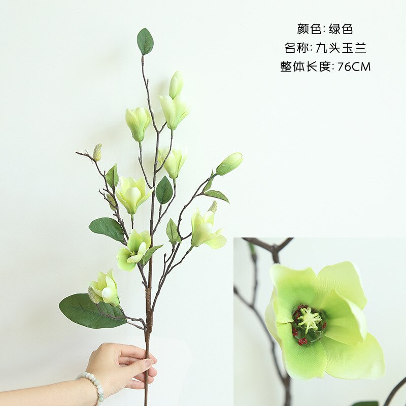 1pc 96cm 9 Heads Artificial Magnolia Flower Branch DIY Bridal Wreath Wedding Bouquet Home Garden Decoration Flores Artificiais: Light Green