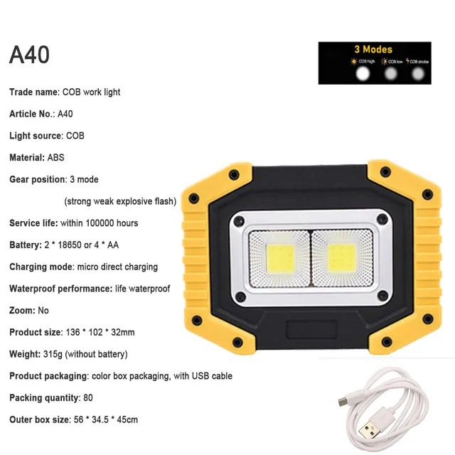 Foco LED COB portátil de 100W, Lámpara de trabajo ultra brillante, recargable por USB al aire libre para acampar, lámpara de emergencia 18650: Rosa / 9 W