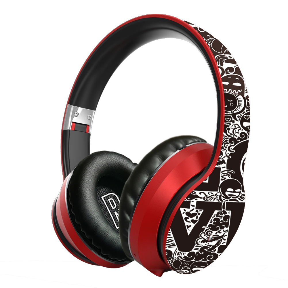 NDJU Wireless Graffiti Headphones - Bluetooth 5.0 - 40mm Drivers - HiFi Stereo Sound with Mic - TF Card FM Radio: Red
