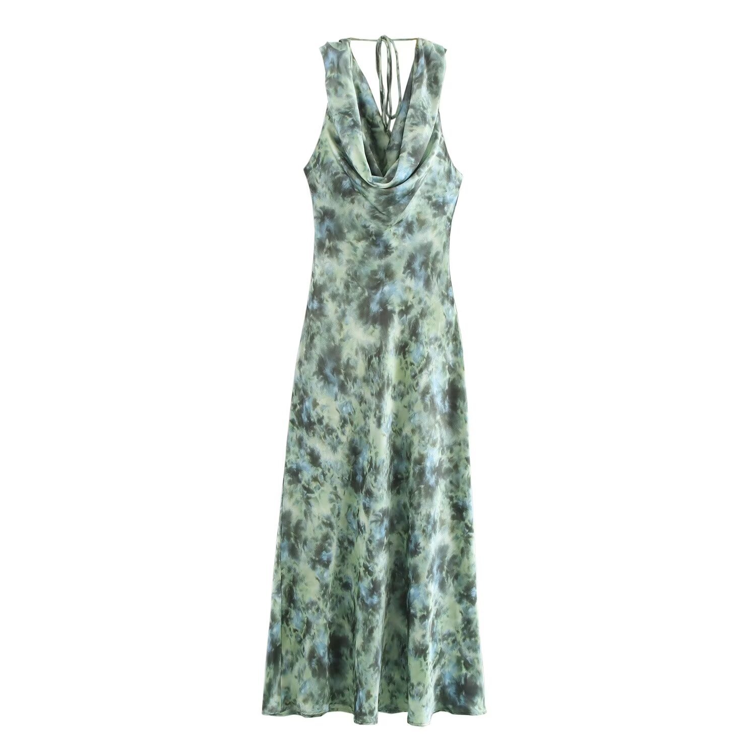 Kaduwaki årgang midikjoler swingkrage blomstertrykk ermeløs slips farge snøringe ryggløs sommer kvinners vestidos: S / beige