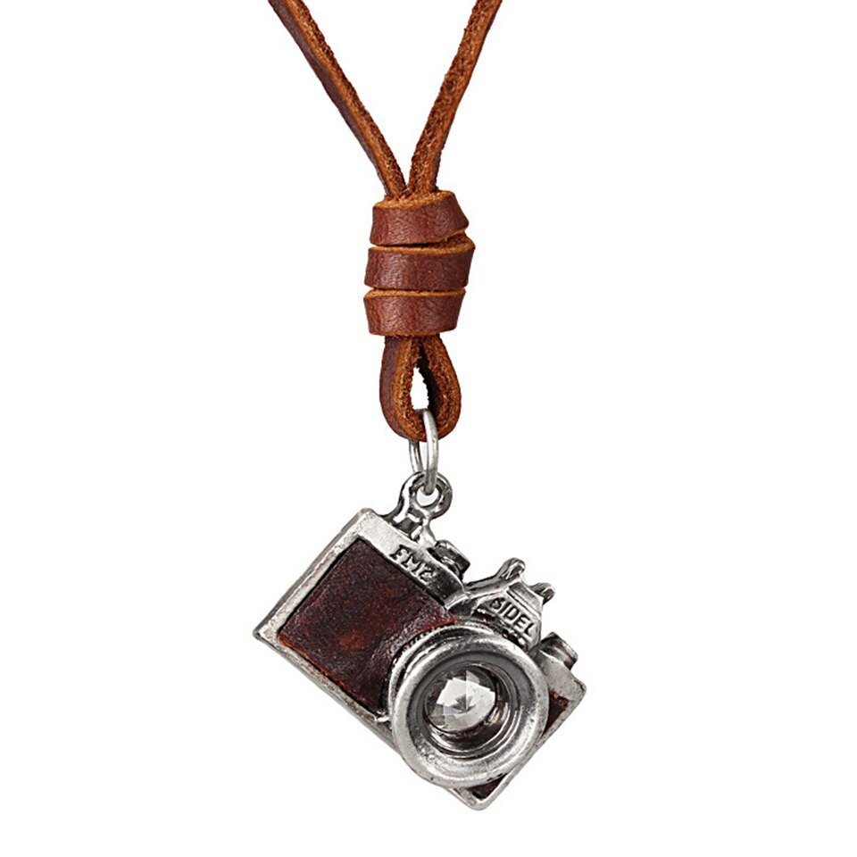 Macchina fotografica Del Pendente della Collana Degli Uomini di anca-salto musica rock Cultura di Strada di Titanio in Acciaio Inox Collana Cordoncino di Cuoio Gioielli Moda Uomo: marrone