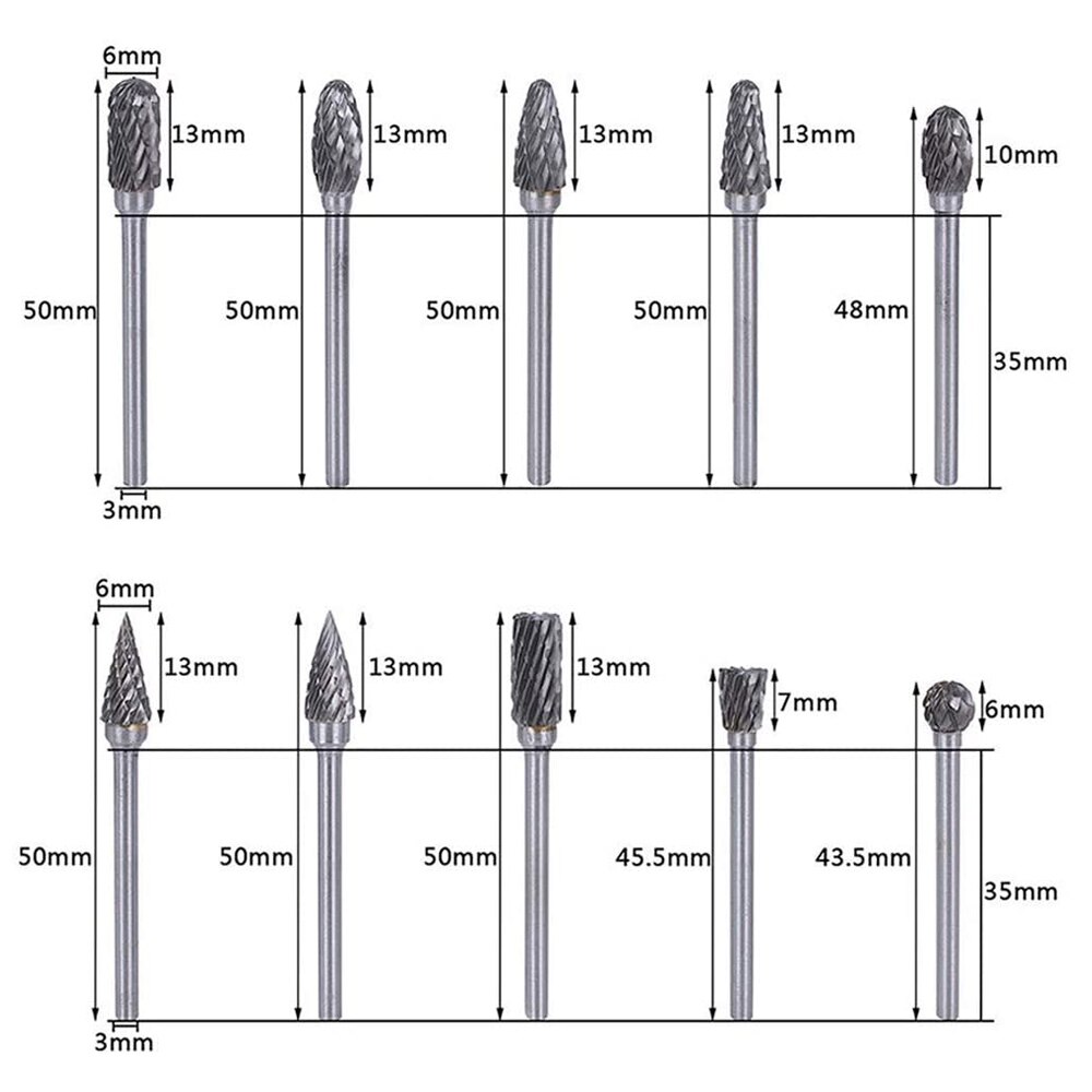 Rebaba rotativa de carburo de tungsteno, 10 Uds., brocas de tallado, herramientas Dremel de corte de diamante doble para tallado de piedra de madera, trabajo de Metal de acero