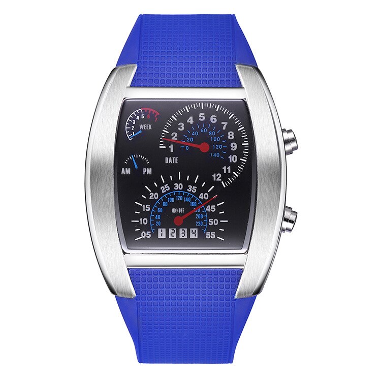Flash azul LED Turbo RPM para hombre, reloj de Dial para coche deportivo, negro completo, de acero inoxidable, rectangular, medidor de aire: Silver CaseDark Blue