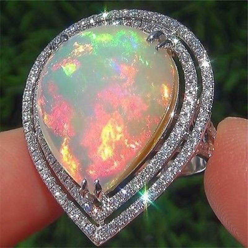 Yobest Zilver Kleur Romantische Cz Grote Witte Fire Heart Opal Ringen Voor Vrouwen Bands Ring Sieraden