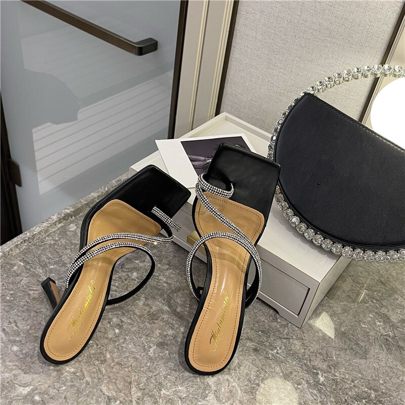 Sandales en cristal pour femmes, pantoufles à talons hauts, chaussures à la , Mules à bout carré, diapositives, 2022: 40