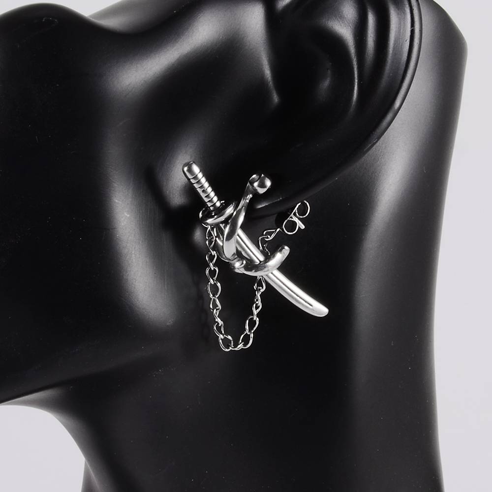 1Pc 361L Chirurgisch Staal Zwaard Hoop Punk Oorbellen Dangle Samurai Zwaard Oorbellen Lange Ketting Oorbellen Voor Vrouwen Mannen Oor sieraden