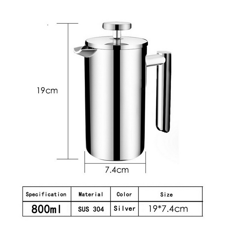 Cafetera de doble pared de acero inoxidable, máquina para café y té con prensa francesa aislada, 350-1000ML, 1 unidad