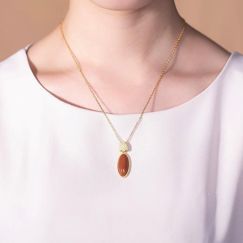 Natural Hetian Jade S925 Sterling Silver Inlaid Natural South Red Geometric Retro Personality All Match Female Clavicle Chain