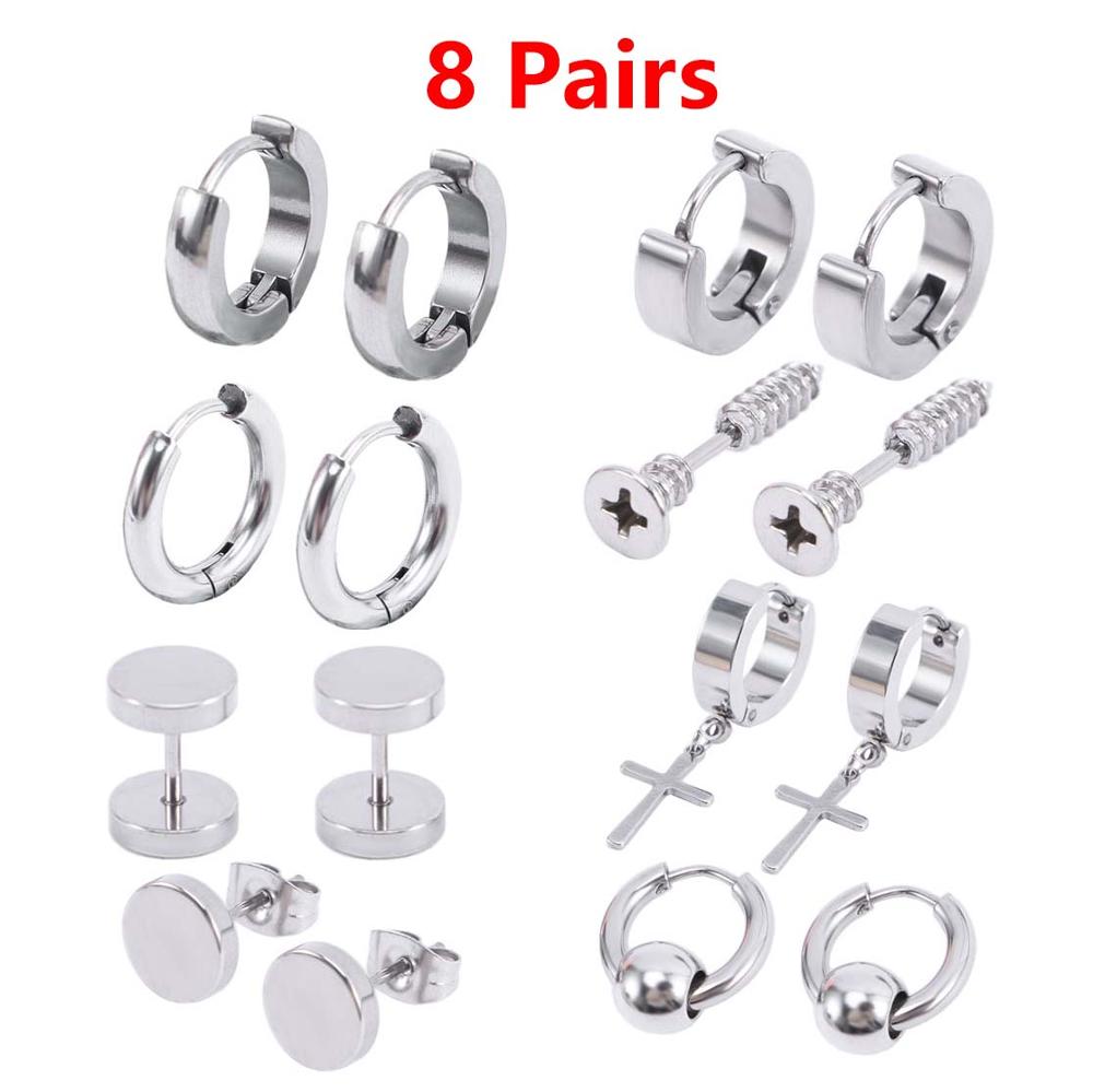 8 pares Punk pendientes Hip Hop Rock negro de acero de titanio Stud pendientes Acero inoxidable pendientes de pesas de la joyería para las mujeres de los hombres