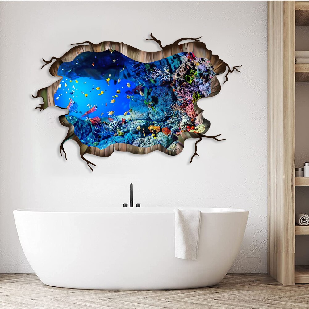 3D Underwater World Wall Decal Home Floor Stickers Decor Vivid Fish Sea Turtle Broken Animals Art Wall Decal