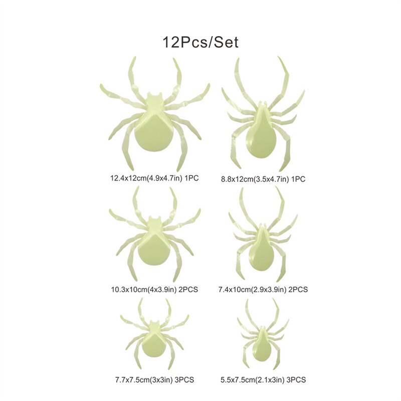12/24/36Pcs 3D Luminous Spider Wall Sticker Halloween Festival Wedding Decoration DIY Handmade Home Fridge Window Decoration: Green / 1 Set(12Pcs)