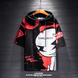 Camiseta holgada con capucha de hip hop de verano para hombre Harajuku pareja media manga a la: XXL / Black red