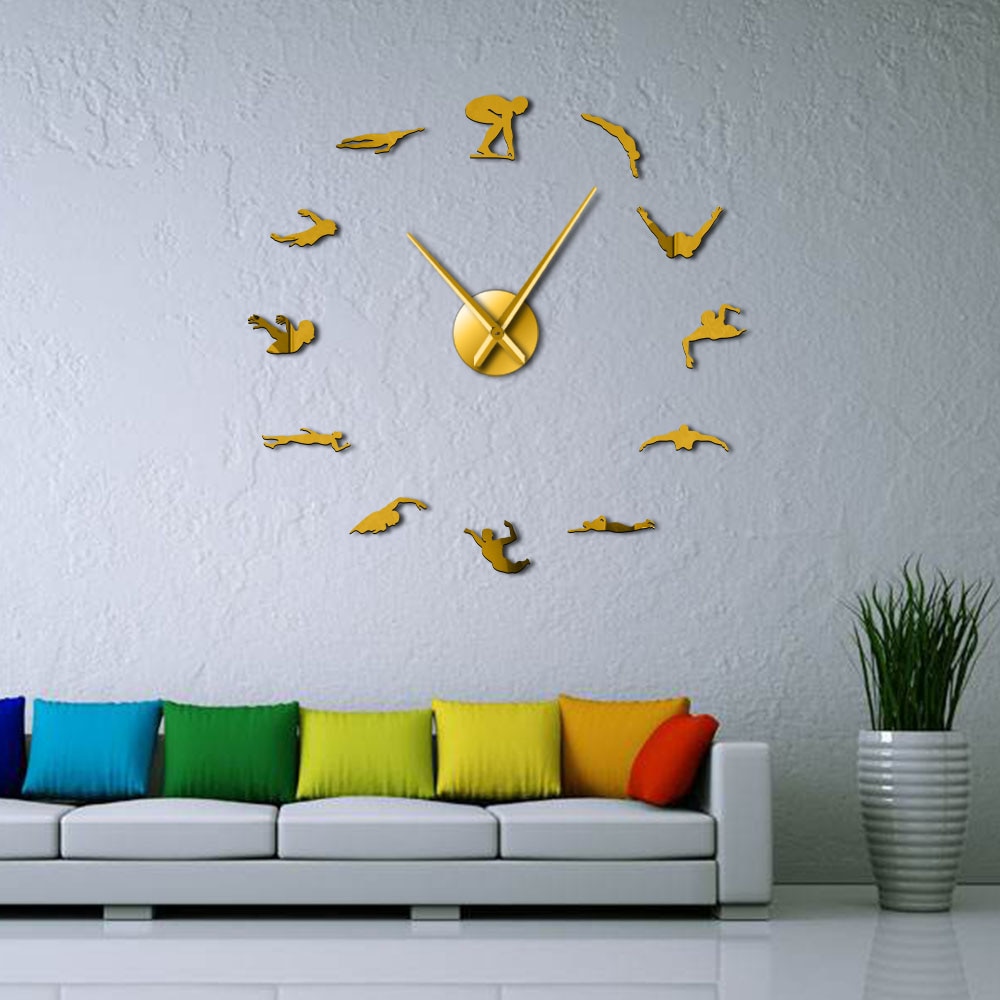 Reloj de pared grande con tema de natación, moderno, bricolaje, con espejo de natación, pegatina, números, arte decorativo para pared de piscina, para nadador