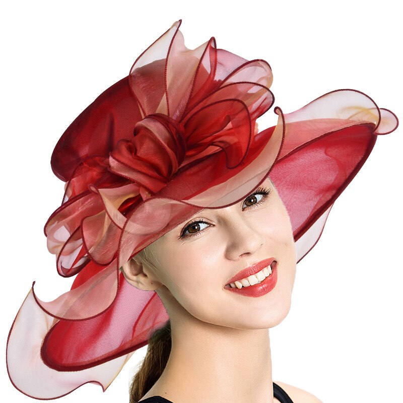 Big Flower Summer Sun Hats For Women Beach Beige Organza Tea Party Hat Ladies Church Kentucky Derby Wide Brim Fedoras