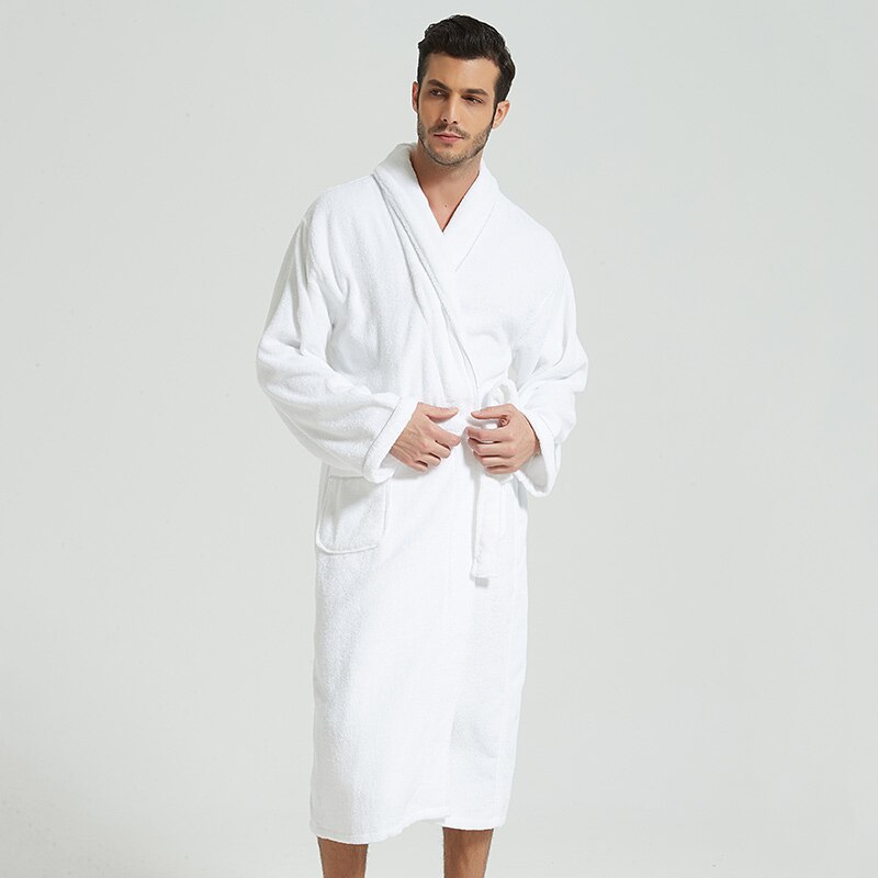 Men Bathrobe Cotton Towel Kimono Autumn Thick Warm Towel Fleece Terry Sleepwear Long Robe Hotel Spa Soft Long White Bath Robe: White / XXL