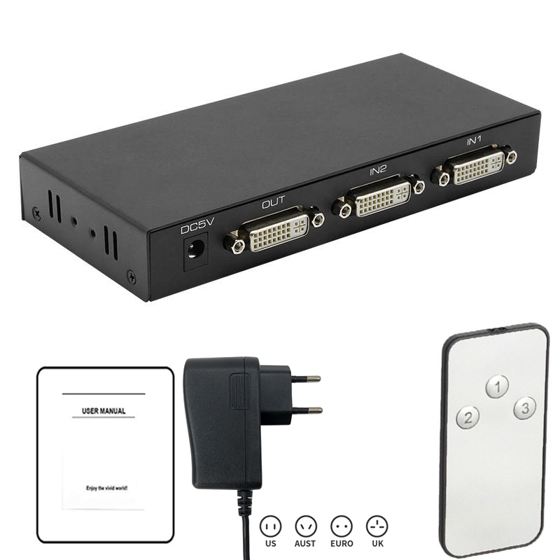 4K DVI Switcher 2X1 Dual port DVI 2 in 1 out Switch 1080P 4K Selector with IR control&external power supply