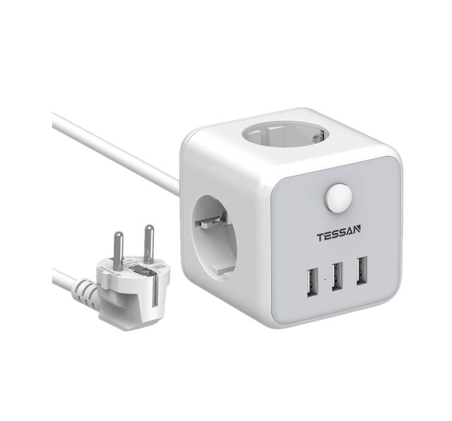 Desktop Power Strip with 1.5M/5ft Wire 3 USB Ports On/Off Swtich Mountable Multi Outlet EU Plug Socket Mini USB Charging Station: 301-GR-0010