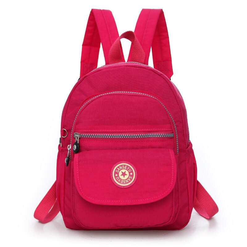 Kvinder nylon skole kvindelig rygsæk lille vandtæt rygsæk solid afslappet skuldertaske multifunktionelle skoletasker: Hot pink