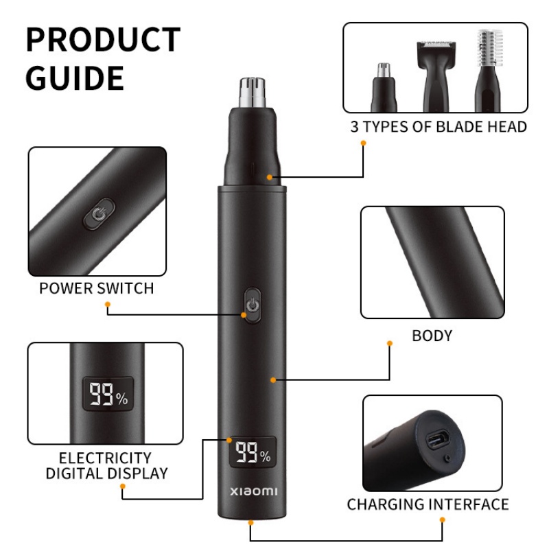 XIAOMI 3 in 1 Electric Rechargeable Nose Ear Hair Trimmer for Men Painless Sideburns Eyebrows Beard Hair Clipper Shaver