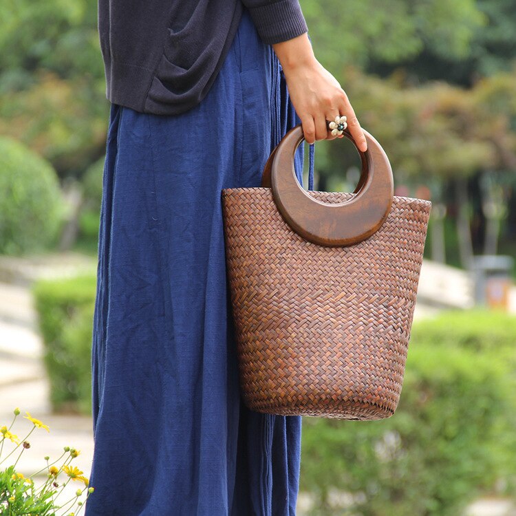 22 Stijl Strozak Rotan Houten Handvat Retro Geweven Zak Emmer Zak Grote Strand Tas: C057 coffee