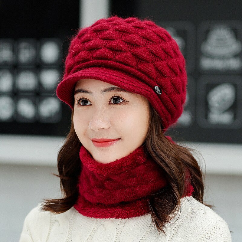 Ensemble bonnet et écharpe en laine pour femmes | Ensemble chapeau et écharpe d'hiver pour femmes, ensemble épais et en laine pour femmes, anneaux et écharpes chapeaux pour filles, bonnet unisexe: wine / hat
