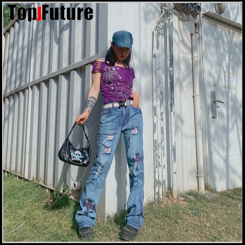 Women Girl boy men cross old shabby worn-out dilapidated HIP HOP Harajuku chain trousers pants jeans Gothic Lolita pants jeans