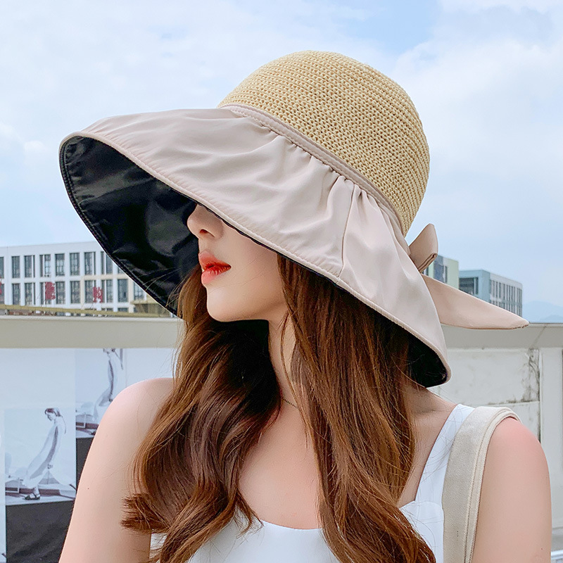 Sun Hats for Women Summer Black Glue Bow Female Panama Hollow Straw Hat UV Protection Big Brim Face Sunscreen Sun Bucket-Hats