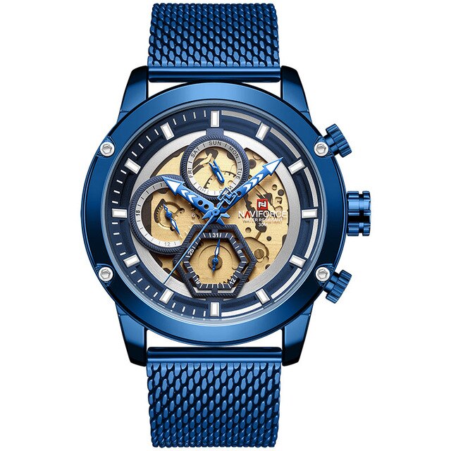 Naviforce Mannen Horloge Blue Skeleton Dial Lichtgevende Heren Horloges Luxe Quartz Horloge Mannen Luxe Horloges: blue