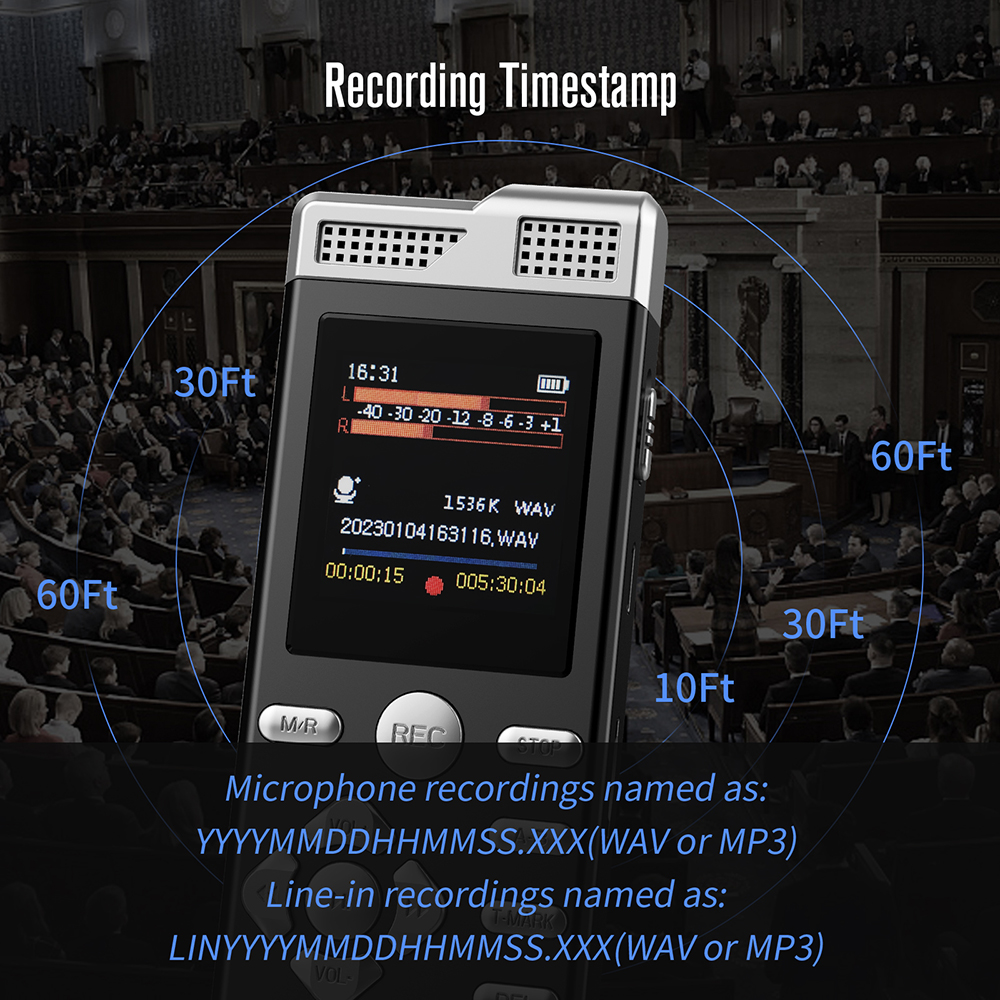 Sprachaktiviertes Dual-Mikrofon, Aufnahme, Passwortschutz, Linie-in T-markieren, digitaler Diktiergerät, MP3-Musik-Spieler, Diktiergerät